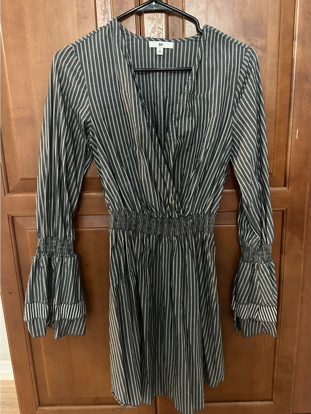 bp Black and White Striped V-Neck Long Sleeve Dress